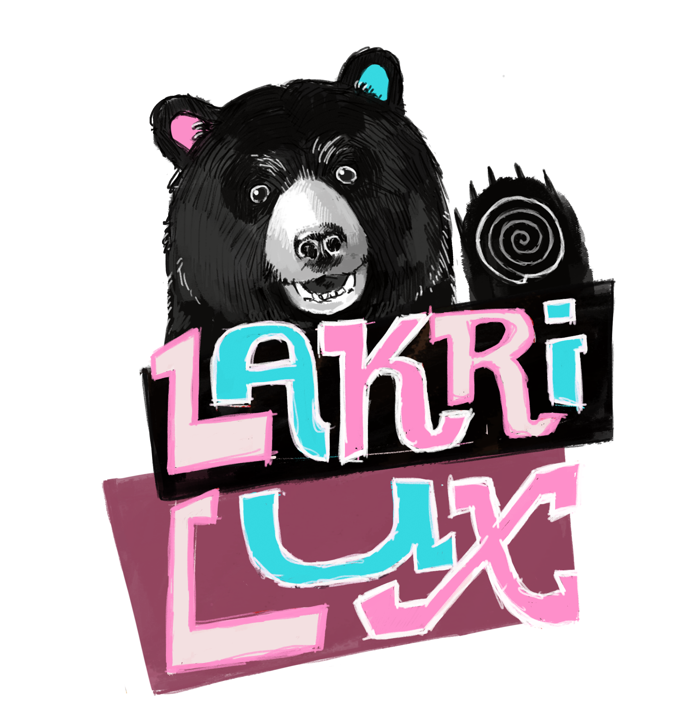 Logo of Lakri-Lux with a black bear waving. A licorice sweet swirl forms the center of his paw.